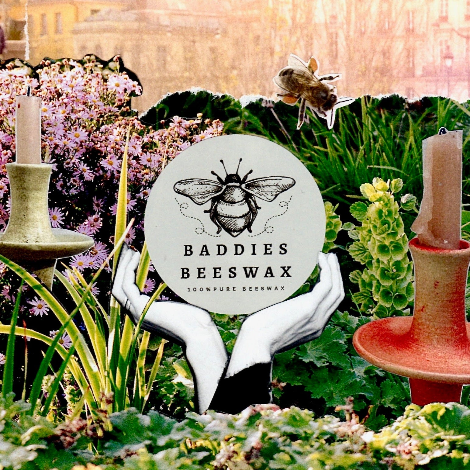 Baddies Beeswax product with bee design in a garden setting
